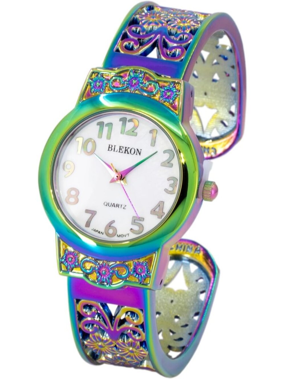 Women's Iridescent Japanese Quart 28mm Case Elegantly Designed Cuff Bangle Watch